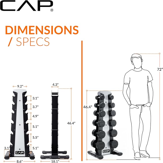 CAP Rubber Coated Hex Dumbbell Set with Storage Rack | 100–210 lb Options, Space-Saving Vertical Compact Storage for Home Gym Strength Training