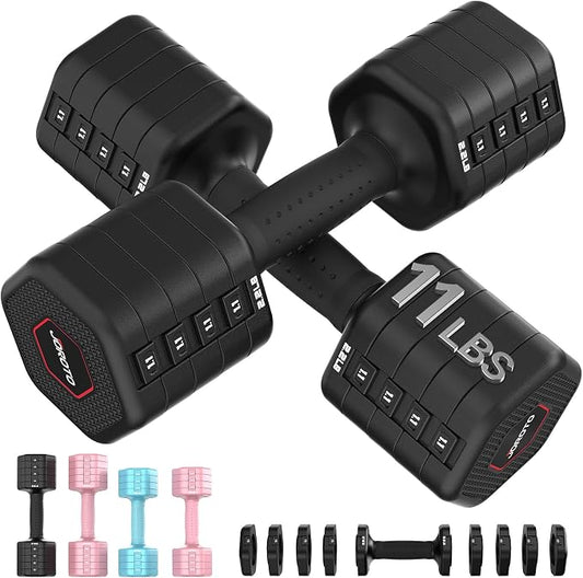 JOROTO 5-in-1 Adjustable Dumbbell Set, 8LB/11LB Pair Adjustable Weights for Women at Home, 1s-Adjust Dual Locking Stable Hand Weights with TPE Soft Handle, Home Gym, Rehab, Pilates, Yoga, Strength Training