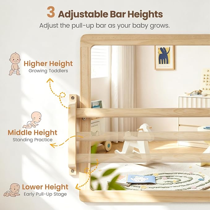 Montessori Mirror with Pull Up Bar, 23.6 x 15.7 in Natural Wood Frame & Shatter-Resistant Acrylic Baby Mirror for Floor and Wall, Tummy Time and Pull-to-Stand Practice