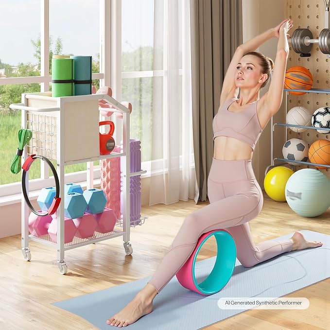 HOOBRO Dumbbell Rack, Weight Rack for Dumbbells, Yoga Mat Storage Rack, Home Gym Storage Rack for Dumbbells Kettlebells Foam Roller, Workout Storage Organizer with Wheels & Hooks