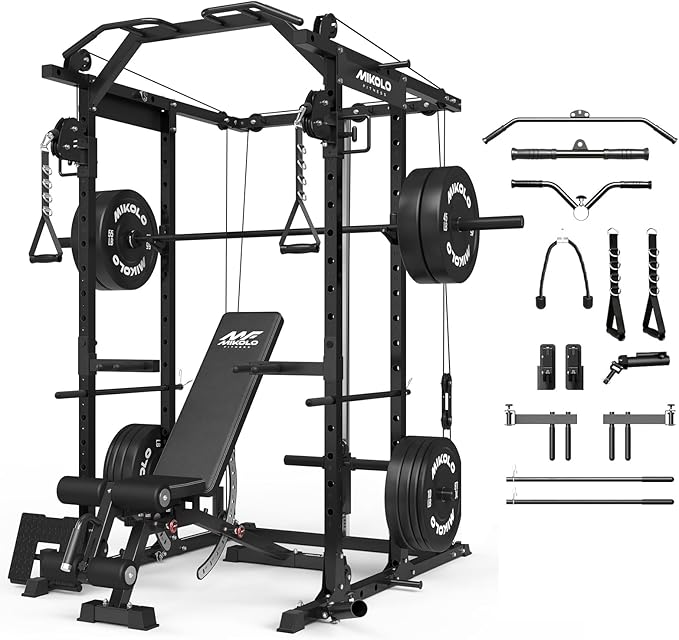Mikolo Power Cage, Power Rack with Cable Crossover System, 1500LBS Squat Rack with LAT Pull Down System, Workout Cage with Pulley System for Fitness Home Gym