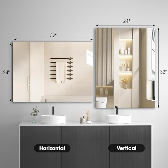 Hasipu 2-Pack 32" x 24" Bathroom Mirror, Mirrors for Sink, Frameless Mirror, Rectangle Mirror for Bathroom, Modern, Horizontal or Vertical