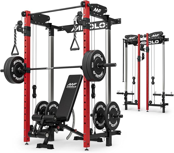 Mikolo Folding Squat Rack, Wall Mounted Power Rack with Cable Crossover Machine & LAT Pull Down, Functional Trainer with 5 Adjustable Function Modes, Home Gym Package