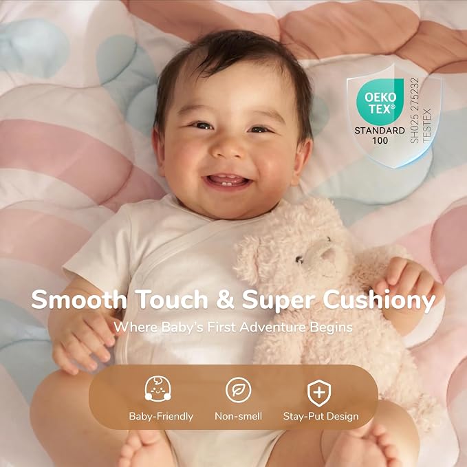 Momcozy Baby Play Mat for Floor, 50"x50" Thickened Playpen Mat | Playmate for Baby Tummy Time, Waterproof & Non-Slip, Foldable Outdoor Mat with Carrying Handle, Happy Doodles