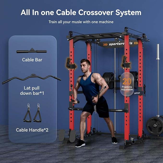 Sportsroyals Power Cage, 1600LBS Squat Rack with Cable Crossover System | Power Rack with LAT Pull Down System, Workout Cage with Pulley System for Fitness Home Gym Strength Training