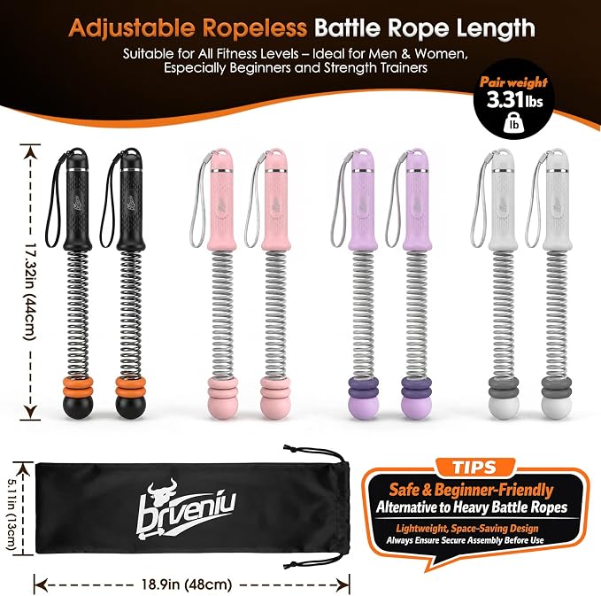 Ropeless Battle Rope Portable Cordless Weighted for Home Gym (Gray) | Adjustable sliding weights No anchor needed Non-slip grip & wrist strap Quiet HIIT at home Full-body cardio & strength
