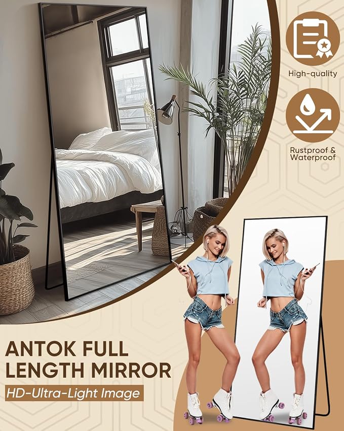 Antok Full Length Mirror, 71"x32" Floor Mirror, Floor Standing Freestanding Full Body Mirror with Stand for Bedroom, Hanging Mounted for Living Room Cloakroom, Black