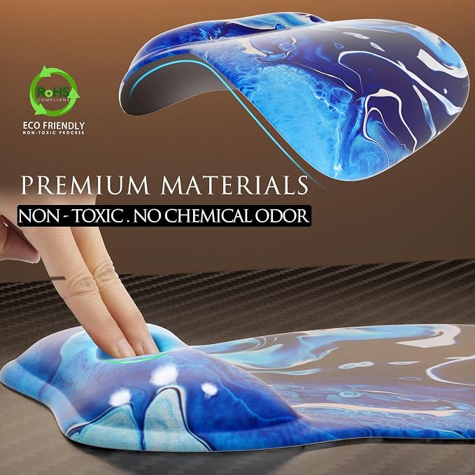 MROCO Ergonomic Mouse Pad with Gel Wrist Rest, 9.4 x 8.1 in, Blue Waves | Ergonomic Shape Design, Multiple Pattern Options, Gel Wrist Comfort, Smooth Lycra Surface, Non-Slip PU Base