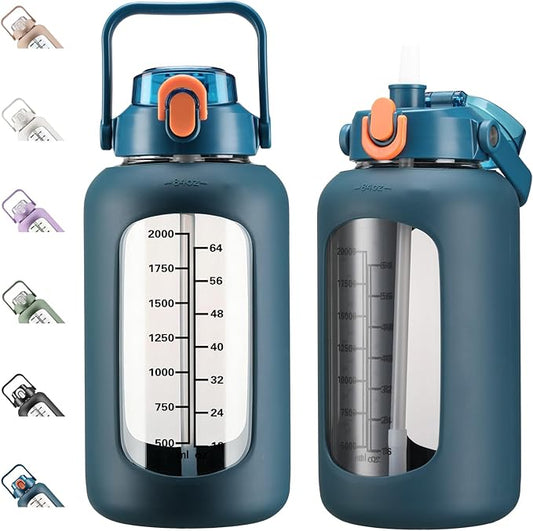 84oz Glass Water Bottle with Straw, 2.5 Liter Large Water Bottle with Silicone Sleeve and OZ Marker, Wide Mouth Gallon Glass Bottle with 2-in-1 Lid, Leakproof Water Jug for Gym Home, Blue