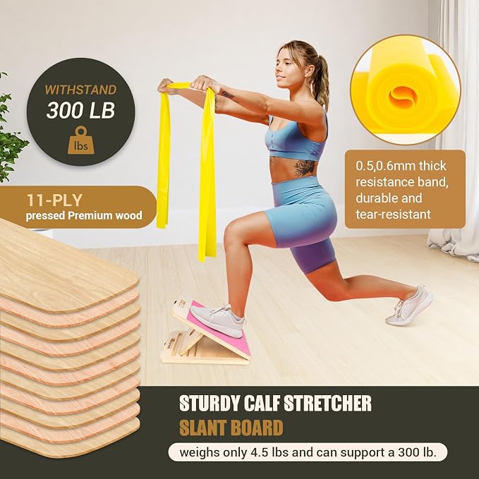 Wooden Slant Board for Calf Stretching, Portable Adjustable Calf Stretch Board with Training Poster & Resistance Bands, 300lb Weight Capacity Calf Ankle Achilles Physical Therapy Leg Exercisers
