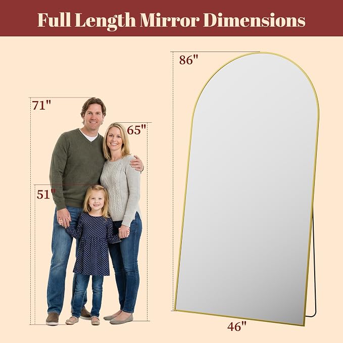 Suidia 86"x46" Arched Full Length Mirror with Stand, Full Body Mirror with Aluminum Frame, Freestanding/Leaning/Wall-Mounted, Floor Mirrors for Bedroom, Living Room, Entryway, Dressing Room, Gold