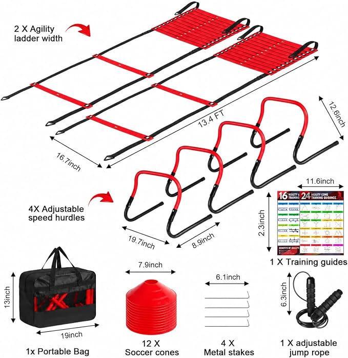 BORNEW 2 Pack Agility Ladder, Soccer Speed Training Equipment Set with Total 26 ft Agility Ladder, 12 Cones, 4 Adjustable Hurdles, Jump Rope, for Soccer, Basketball, Football, Kids, Youth, Adults