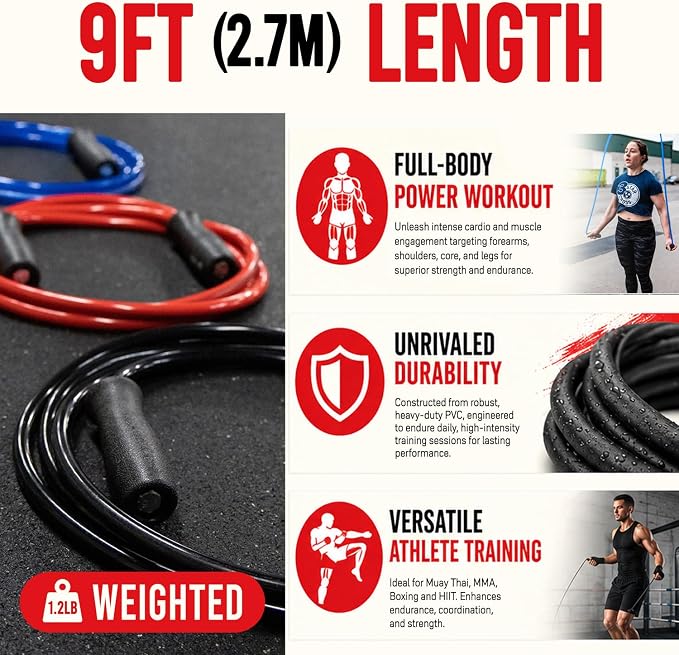 Elite Jumps Muay Thai 2.0 Weighted Jump Rope for MMA, 1.1 lbs, 8 ft | Heavy resistance rope for Muay Thai, MMA and boxing. Ball-bearing handles. Intermediate to advanced.