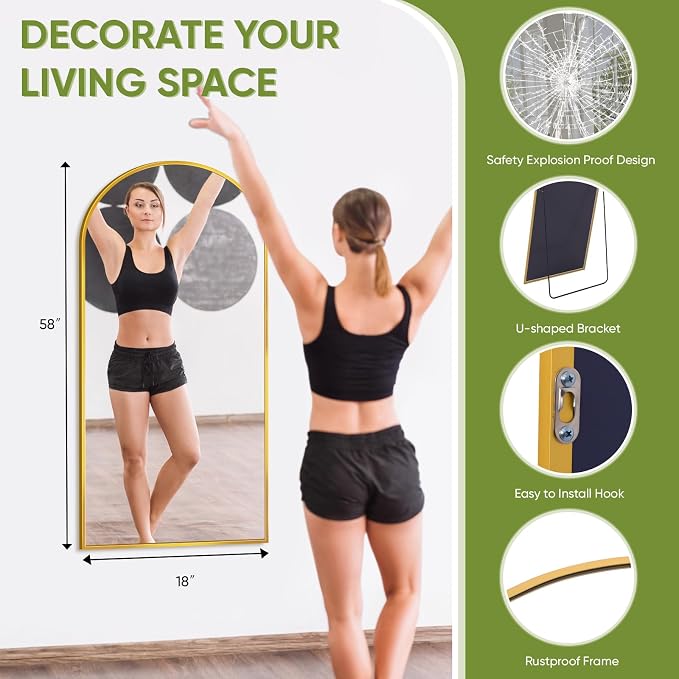 Full Length Mirror 58" L x 18" Full Body Standing Mirror for Bedroom, Living Room, Gym, Dorm - Shatter-Resistant & Easy Assembly, Arched Style Gold