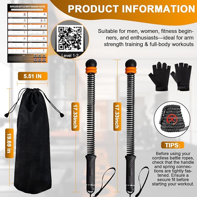 Portable Ropeless Battle Ropes, Adjustable Weights Cordless Battle Ropes for Home Gym with Storage Bag, Weighted Exercise Equipment for Low-Impact Workout, Strength & HIIT, for Men & Women (Black)