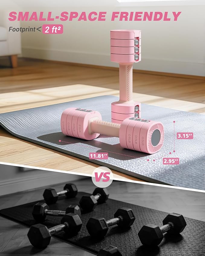 Rendpas Adjustable Dumbbell Set of 2, 10lb & 22lb Pairs (5lb/11lb Each) | Anti-Slip No-Roll Handle Weights, Bench Combo Option for Home Gym, Pilates & Strength Training