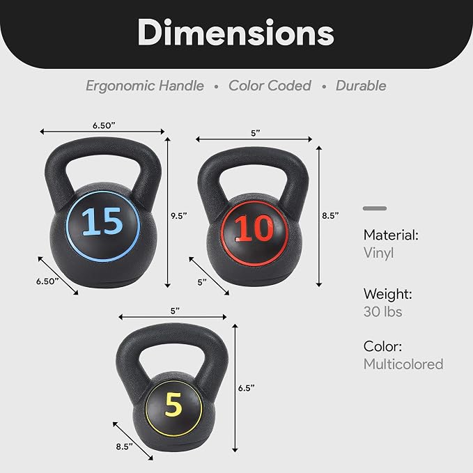 BalanceFrom Vinyl Kettlebell Set, 30/45/50/75 Pound Options – Cement-Filled Strength Training Weights with Ergonomic Grip and Color Coding for Full Body Fitness at Home or Gym