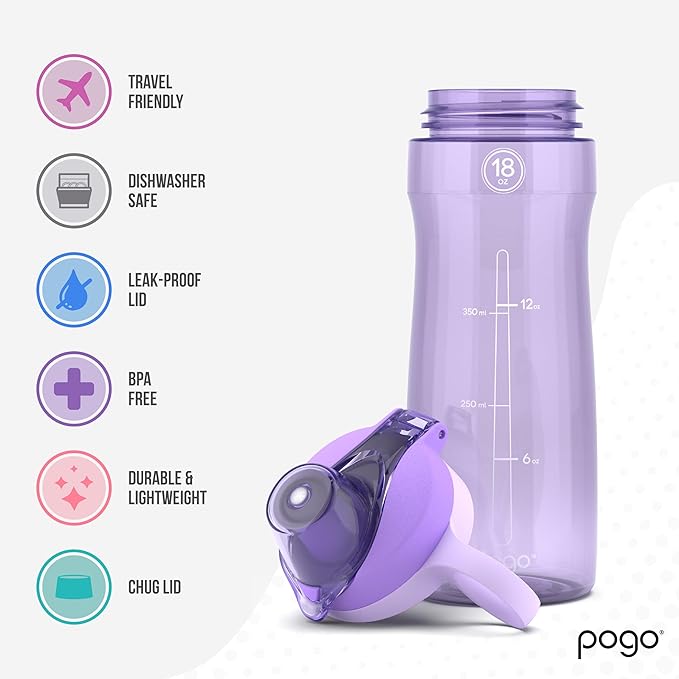 Pogo 18oz Plastic Water Bottle with Chug Lid and Carry Loop, Lilac | Leakproof water bottle with chug lid and carry handle. BPA-free, great for travel, school, outdoors, and gym.