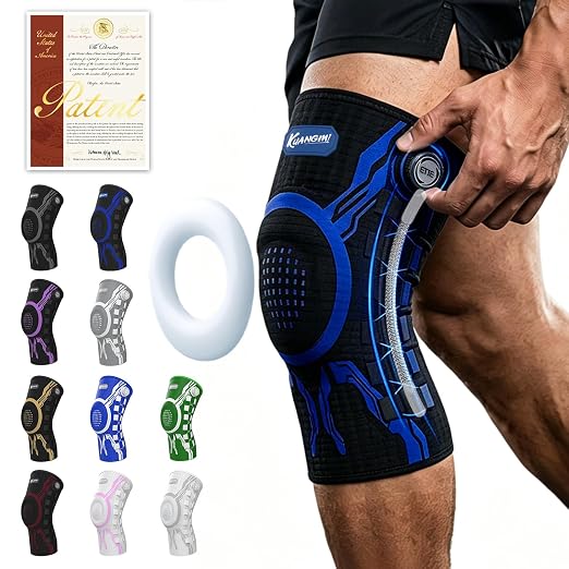 Kuangmi Knob Knee Brace for Pain Relief, Knee Support with Patella Gel Pad & Side Stabilizers, Compression Knee Sleeve for Workout, Arthritis, Joint Pain, Meniscus Tear (Blue Black,Left,Medium,Single)