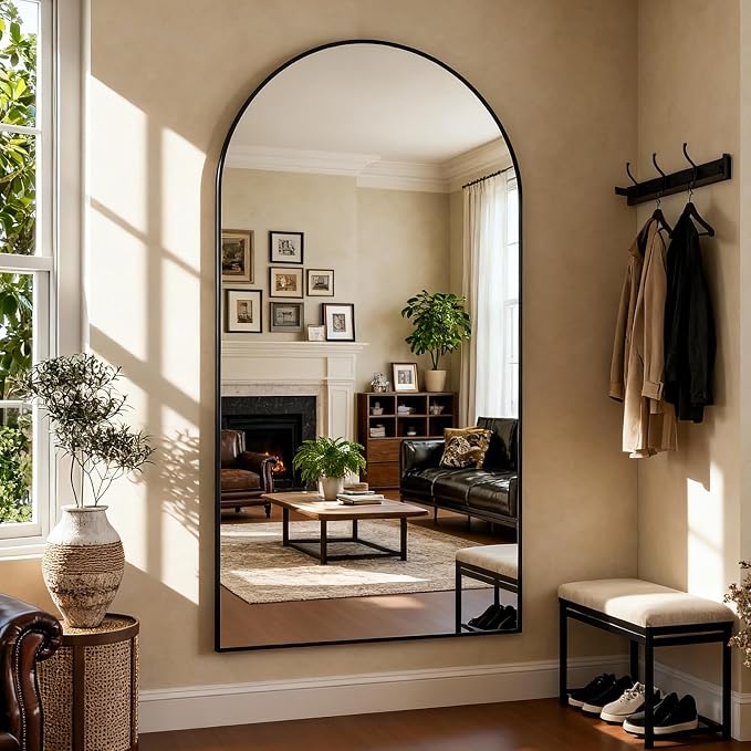 Full Length Mirror 78" L x 38" Full Body Standing Mirror for Bedroom, Living Room, Gym, Dorm - Shatter-Resistant & Easy Assembly, Arched Style Black