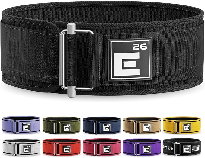 Element 26 Self-Locking Weight Lifting Belt | 4” Back Support for Gym, Powerlifting, Body Building, Cross Training, Men, Women, Deadlift, Squat, Quick Locking, Competition