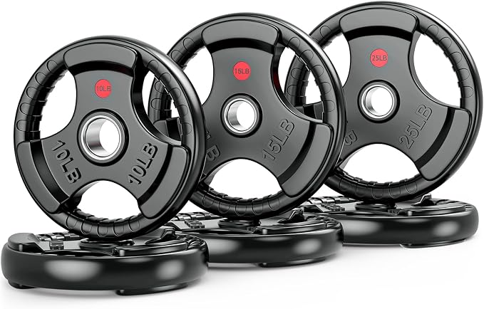 Gikpal Olympic Weight Plates, 2-Inch Three-Grip Rubber Coated Barbell Plates with Steel Hub, Cast Iron Weights for Strength Training & Home Gym, Pair or Sets (2.5–45LB)