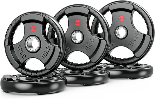 Gikpal Olympic Weight Plates, 2-Inch Three-Grip Rubber Coated Barbell Plates with Steel Hub, Cast Iron Weights for Strength Training & Home Gym, Pair or Sets (2.5–45LB)