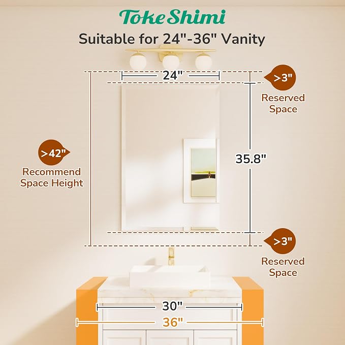 24x36 Beveled Wall Mirror Decorative, Bathroom Vanity Mirrored with 1" Beveled Edge, Shatterproof Modern Frameless Mirror Bathroom Rectangle for Living Room, Entryway, Restroom