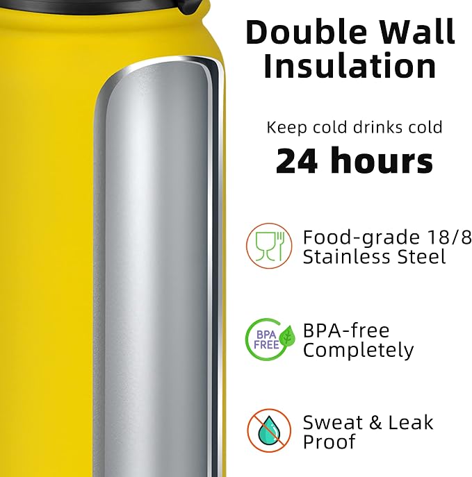 Fanhaw 20 oz Insulated Stainless Steel Water Bottle with Anti-Dust Chug Lid, Leakproof Vacuum Metal Everyday Use Bottle for Kids, Teens & Adults, Back to School Essentials (Yellow)