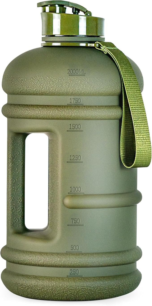 TOOFEEL 2.2 Liters Gym Big Sports Water Bottles for Men - Reusable BPA Free Plastic Clear Water Jug - Unique Water Bottles, Comfurtable to Touch and Easy to Clearn - Matte Olive Water Boottle