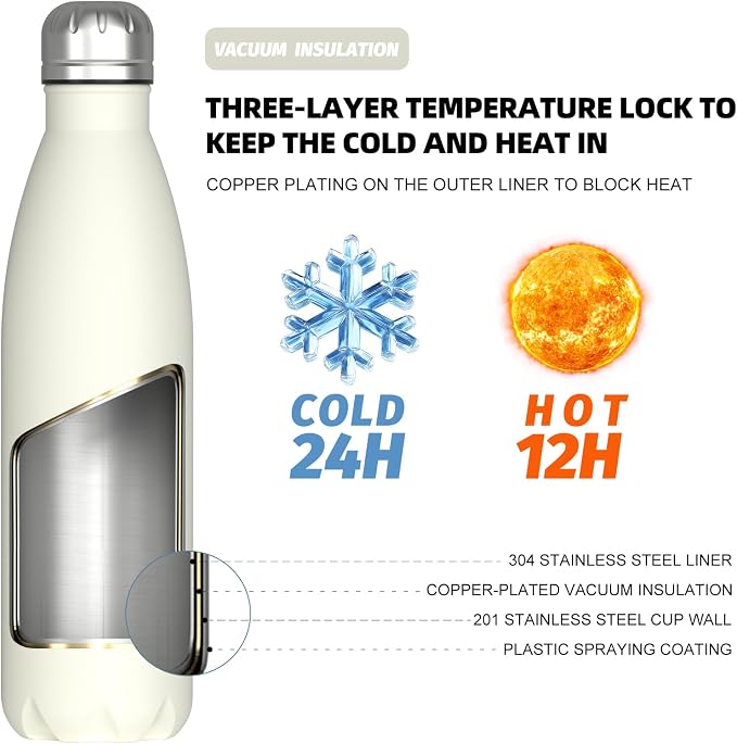 WATERSY Stainless Steel water bottles,17oz/500ml Insulated Water Bottle | Cream White metal water bottle Keeps Drink Cold and Hot,BPA Free kids water bottles for School,Gym,Travel,Sports