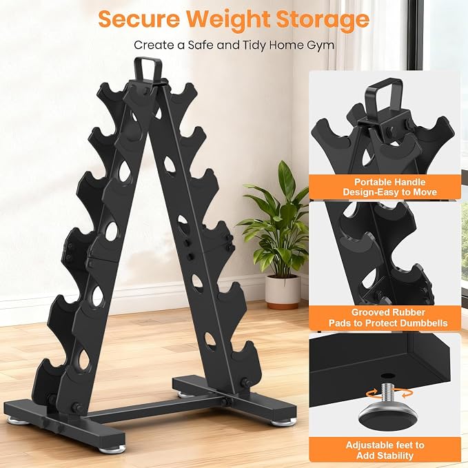 TomCare 6-Tier|5-Tier|4-Tier|2-Tier Dumbbell Rack Stand Only for Home Gym | Stable A-Frame, Fits 5–35 lb Dumbbells, Protective Padded Cradles, Adjustable Feet, Easy-Carry Handle (Stand Only)