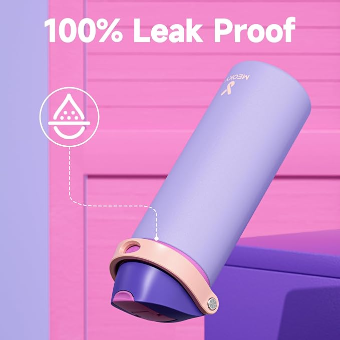 24 oz Insulated Water Bottle for Women: Meoky Stainless Steel Metal Water Bottle with 2-in-1 Straw and Spout Lid - Leak Proof, Cold for 24 Hours, Protective Silicone Base, BPA-Free for School, Orchid