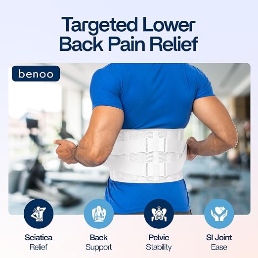 benoo Back Brace Belt, Men & Women Lower Back Pain Relief (Large 38-42.9") | Sciatica Lumbar Support Belt, Adjustable Back Support Brace for Work & Daily Use, All-Day Comfort & Heavy-Duty Compression