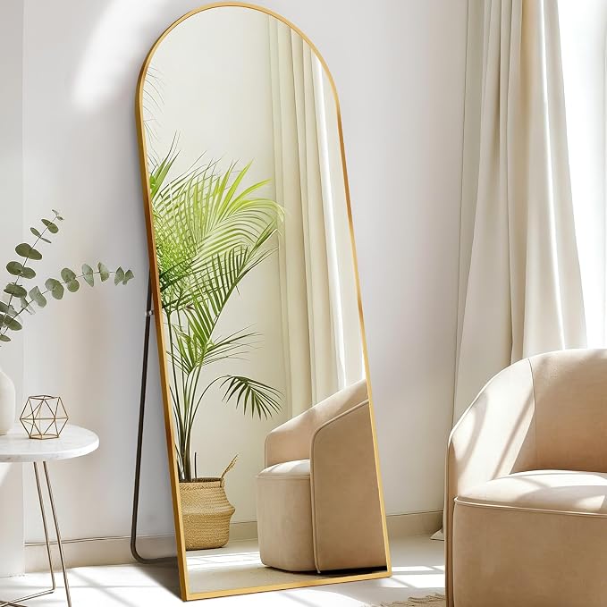 DUMOS 58"x19" Arched Full Length Mirror with Stand, Floor Standing Aluminum Frame, Shatter-Proof Nano Glass for Bedroom, Living Room, Cloakroom – Modern Simple Home Decor,Hanging or Leaning,Gold