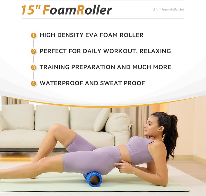 SUBCULTUREPICK 5 in 1 Foam Roller Set High Density Deep Tissue Massager | Trigger Point Massage Roller for Muscle Massage, Massage Ball, Resistance Band for Whole Body Physical Therapy Pure Blue