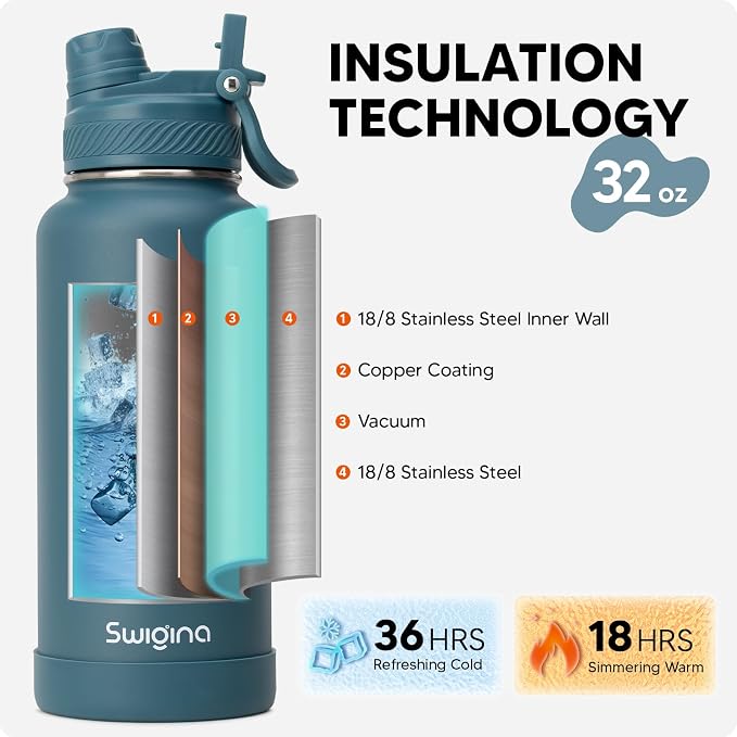 Swigina Insulated Water Bottle with Silicone Boot (36hrs Cold/18hrs Hot) - DIY Stickers, Leakproof, BPA Free, 24 oz [2-IN-1 LID]