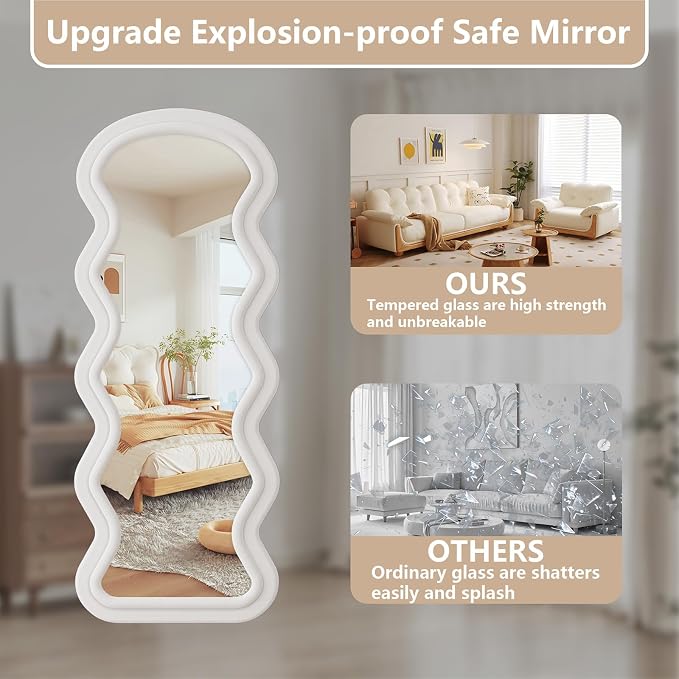 Full Length Mirror, 71"x32" Wavy Full Body Mirror Flannel | Full Body Mirror with Stand, Flannel Floor Mirrror Bedroom and Living Room, Wall Mirror Hanging or Leaning, White