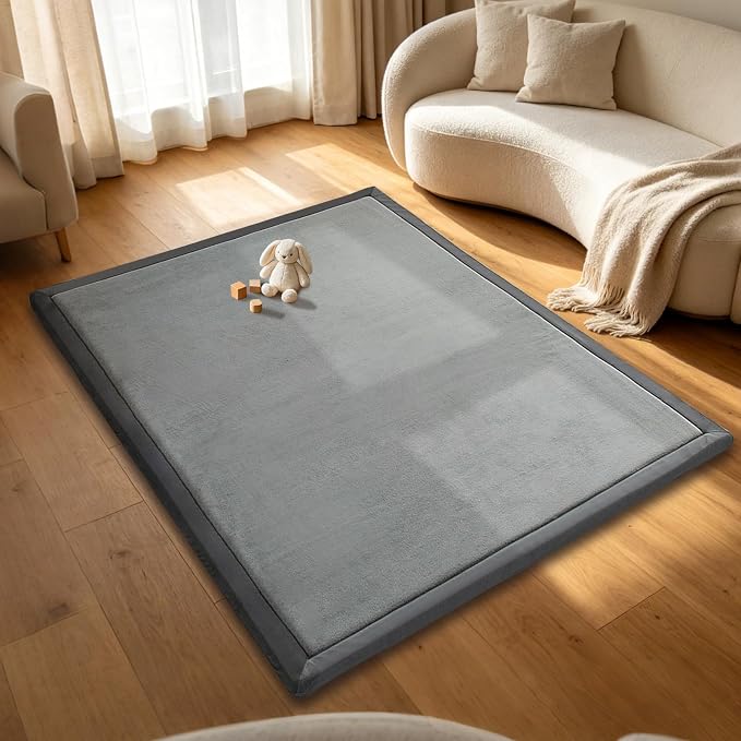 Baby Play Mat for Floor, 71'' x 59'' Thicken Foam Soft Padded Playmat for Tummy Time, Playpen Mat for Toddlers Infant Kids, Water-Repellent Coral Velvet, Non-Slip Bottom Safe for Crawling (Dark Grey)