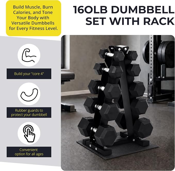 HulkFit 160-550LB Rubber Hex Dumbbell Set with Storage Rack, Solid Cast Iron Dumbbells for Full Body, Anti-Slip Grip, Weights Dumbbells Set for Home Gym Training