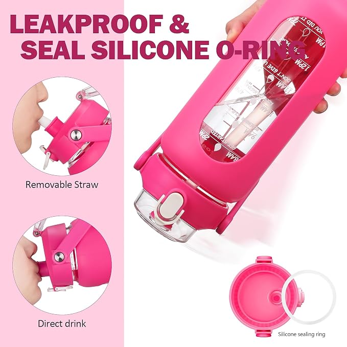 42oz Glass Water Bottles with Straw, Motivational Glass Bottle with Silicone Sleeve and Time Marker, Leakproof Large Glass Water Jug for Gym Home Office,Rose red