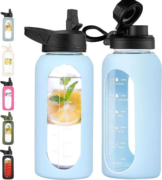 CIVAGO 32 oz Glass Water Bottle with Straw, Large Motivational Water Jug | Time Marker, 2 Leakproof Lids, Wide Mouth, Water Flask Cup with Handle and Silicone Sleeve, for Gym, Sports, Light Blue