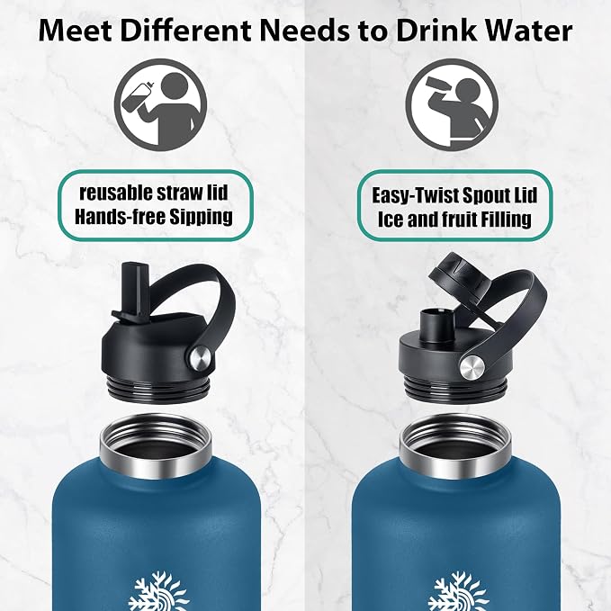 64oz Insulated Water Bottle, Triple Wall Vacuum Stainless Steel Bottle, 48H Cold & 24H Hot, Leak-Proof BPA-F Jug with Straw & Spout Lids for Sports & Outdoor