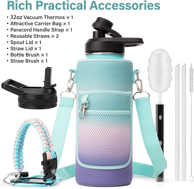 DYSANKY Insulated Water Bottle | Thickened Stainless Steel Vacuum Metal | Portable Sports Water Jug for Gym and Hiking with Straw, Carrier Bag, Handle Strap | BPA-Free 32 oz