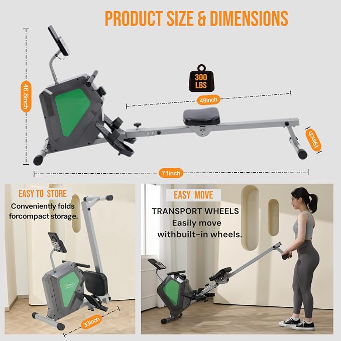 Magnetic Rowing Machine, Quiet Foldable Rower with 8-Level Resistance, LCD Monitor & Tablet Holder, Full-Body Low-Impact Cardio Equipment, Optional 2-in-1 Strength Training