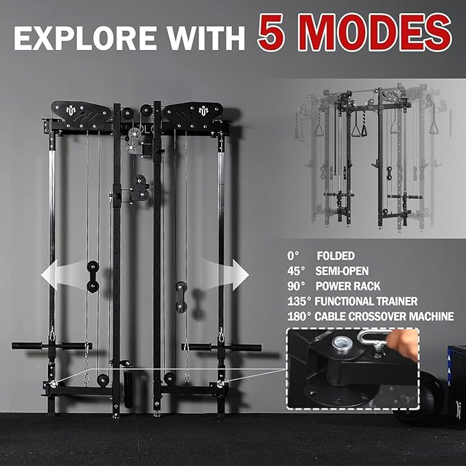 Mikolo Folding Squat Rack, Wall Mounted Power Rack with Cable Crossover Machine & LAT Pull Down, Functional Trainer with 5 Adjustable Function Modes, Home Gym Package