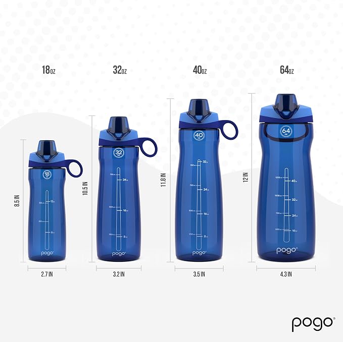 Pogo 64oz Plastic Water Bottle with Chug Lid and Carry Loop, Blue | Leakproof water bottle with chug lid and capacity markings. BPA-free, great for travel, school, outdoors, and gym.