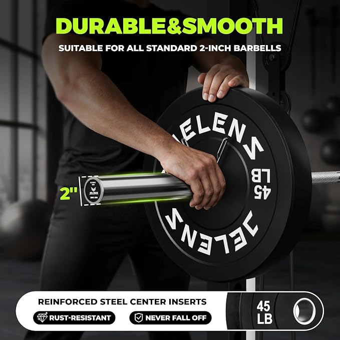 JELENS Olympic Barbell Weight Plates Set, 2-Inch Black/Colored Rubber Bumper Plate Weight Set for Strength Training and Weightlifting, Multiple Options