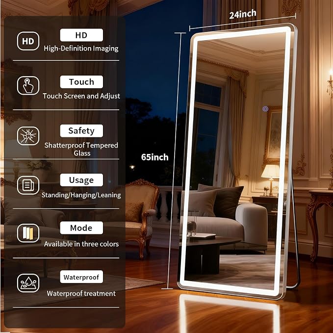 Led Mirror Full Length 24 x 65 Inch Tempered Glass | Full Body Mirror with Dimming & 3 Color Lighting Standing Leaning or Hanging Full led Mirrors for Bedroom Dressing Room Rect