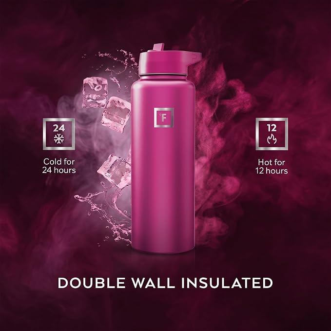 IRON °FLASK 40 oz Wide Mouth Water Bottle with Straw | Insulated Stainless Steel Sports Water Bottle with Leakproof Straw Lid - BPA Free, Cold 24 Hrs, Sweat Free (Pink Tulip)